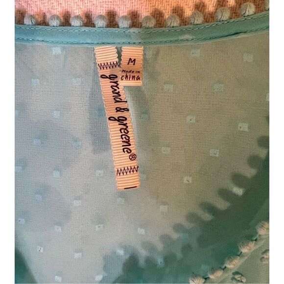 Grand & Greene Top Blue Green Textured Sheer Tunic Blouse Sz Medium - Picture 5 of 11